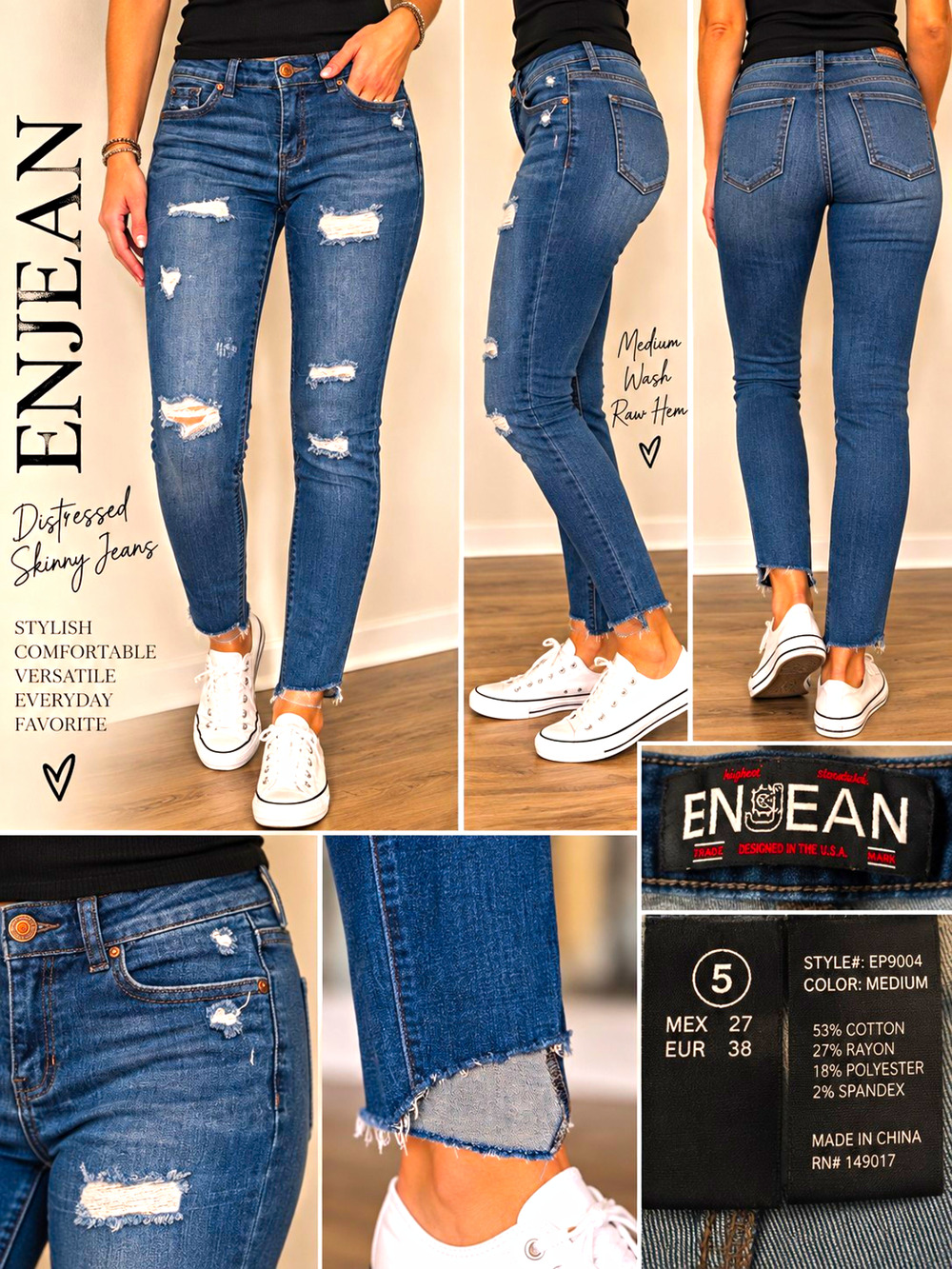 ENJEAN Womens Jeans Size 5 27 Distressed Skinny Ankle Raw Hem Medium Wash Stretc
